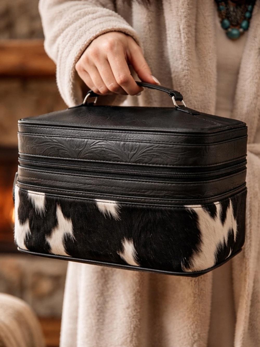 Cowhide Makeup Bag Western Leather Toiletry Bag Embossed Travel Case Black White